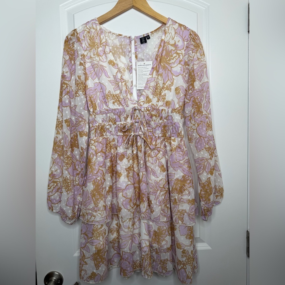 Cherley Floral Tiered Long Sleeve Lace-Up Mini Dress Cottage Coquette NWT Spring